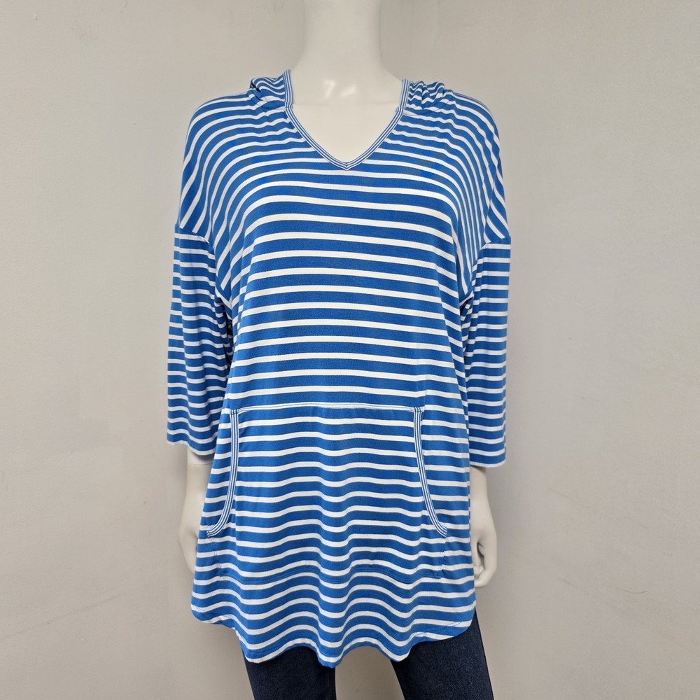 T Talbots Hooded Stripe Blouse Top Size 2XP Petite Blue White UPF50 Stretch NWT